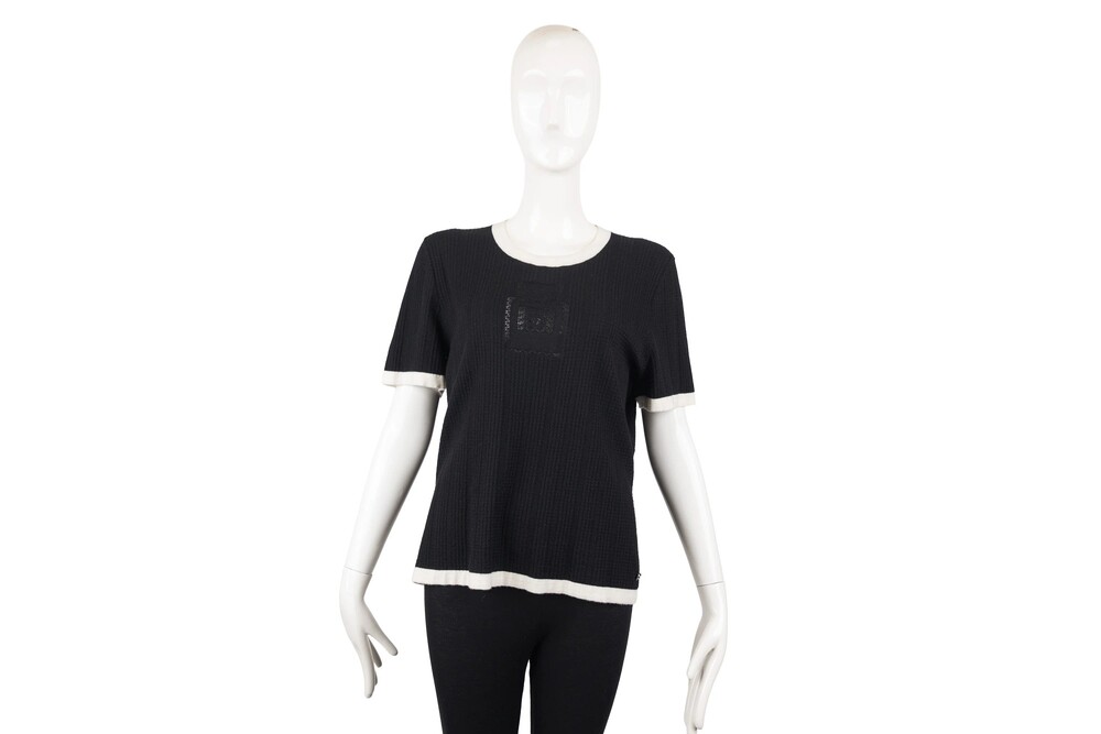 Chanel Black White Perfume Short Sleeve Top Contrast Trim Ribbed Knit Size 50